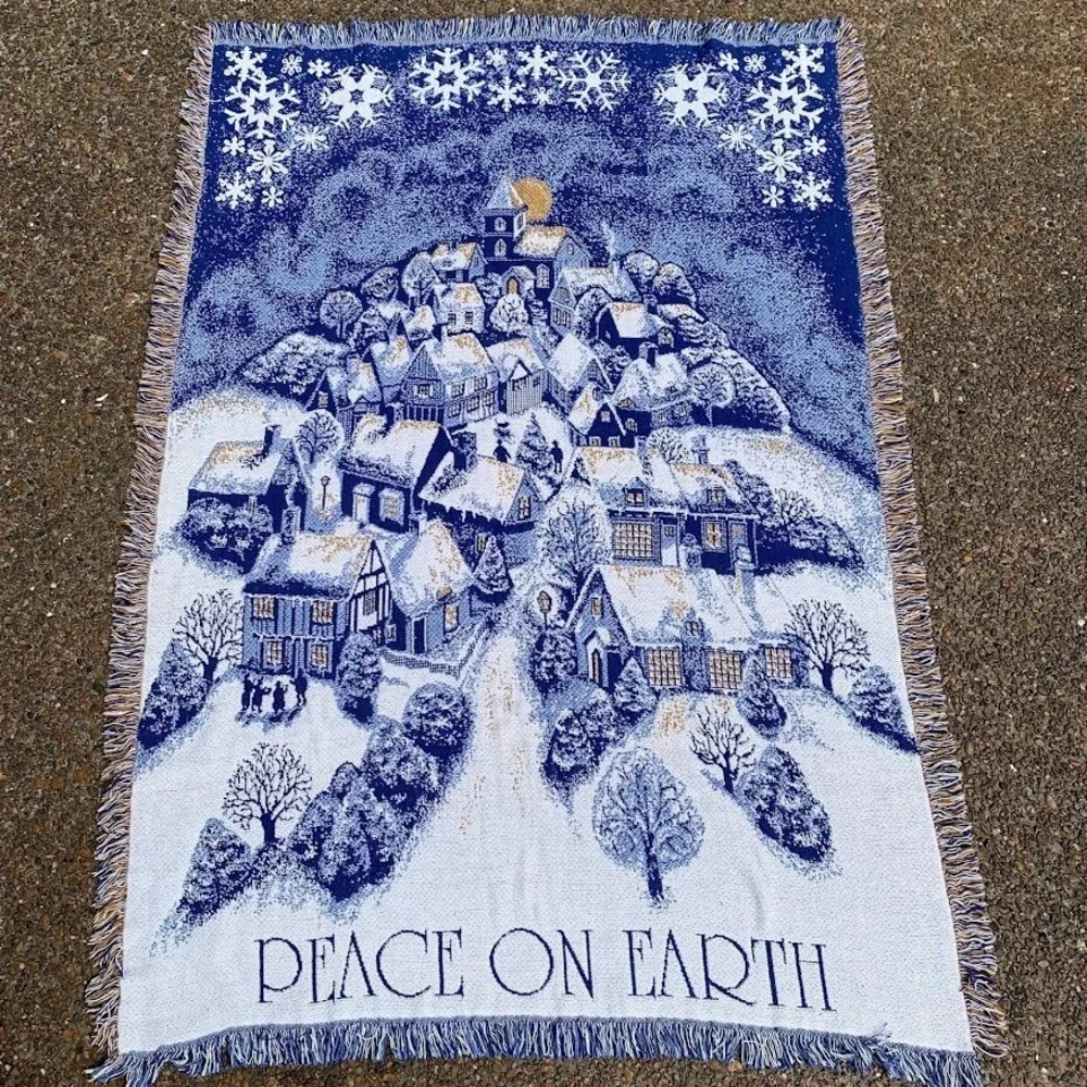 Vintage Peace On‎ Earth Snow Village Holiday Woven Blanket Throw Tapestry